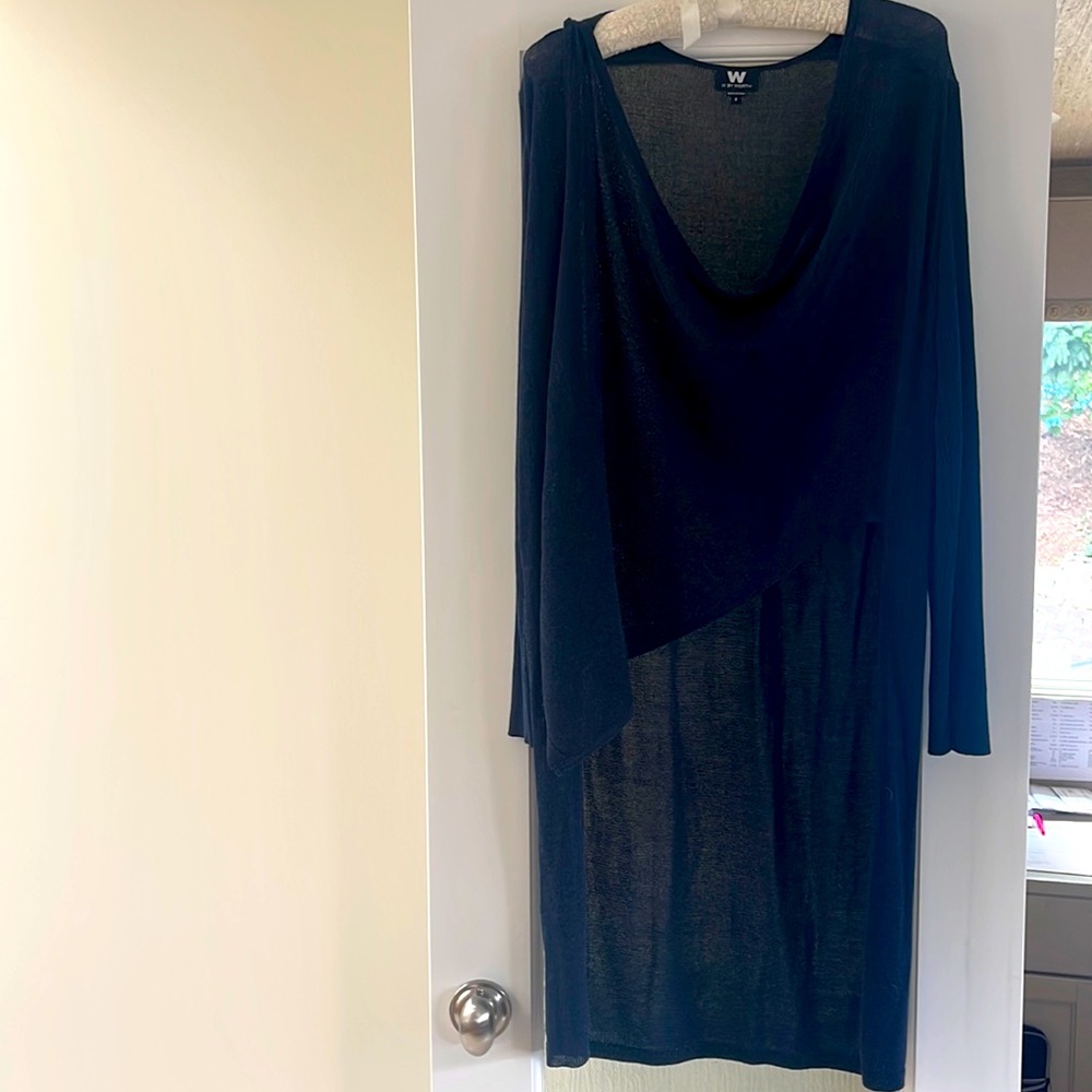 W by Worth / long navy cardigan with front piece that attaches to shoulder.